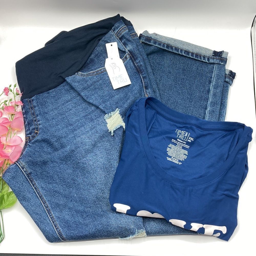Women’s Maternity Prenatal Short Sleeve Shirt & Denim Jeans 2-Piece Set Size XXL